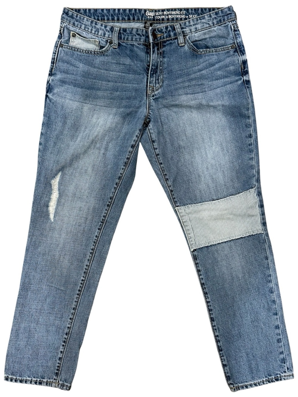 GAP Boyfriend Jeans Womens 8 29R Blue Distressed Stripe Patch Cotton Y2K Style